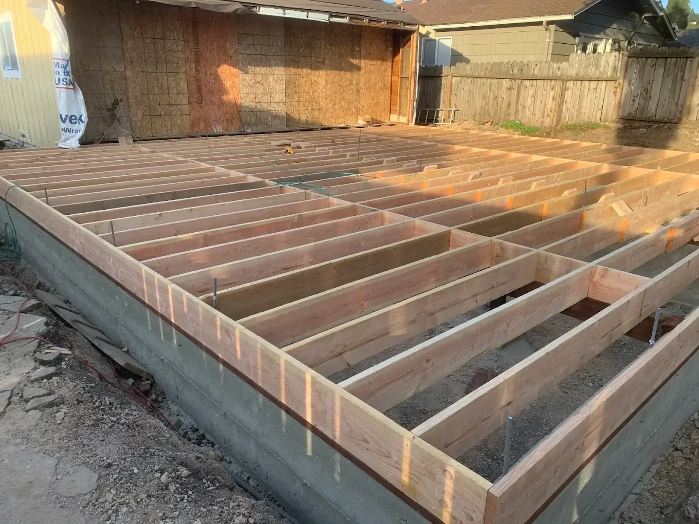 Floor framing over a new foundation on a Napa job site