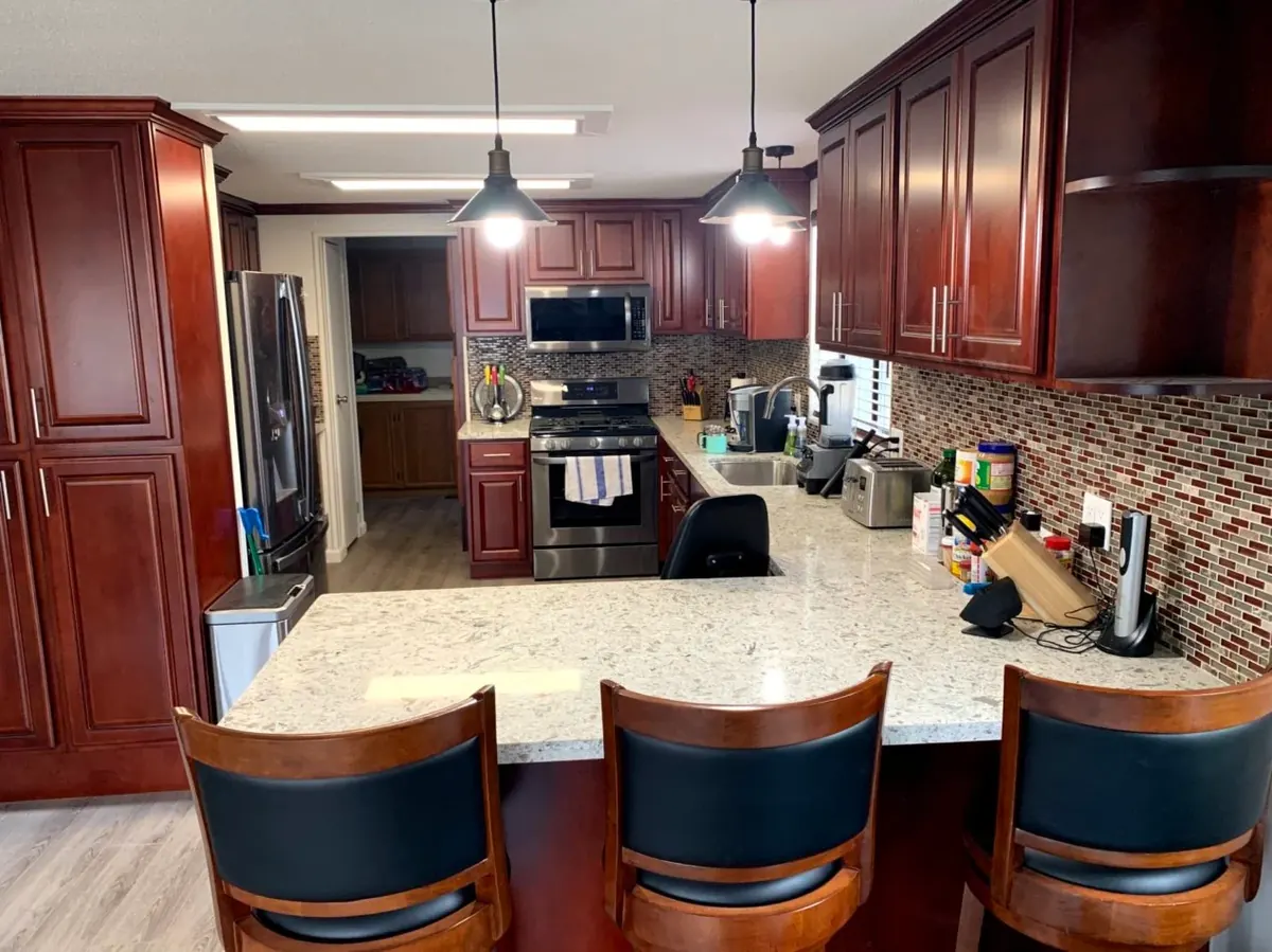 Cherry cabinets and quartz counters