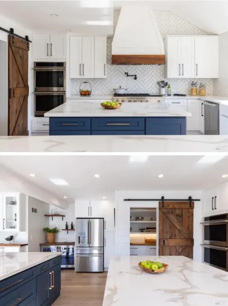 Kitchen remodel — custom hood, herringbone tile, walnut band